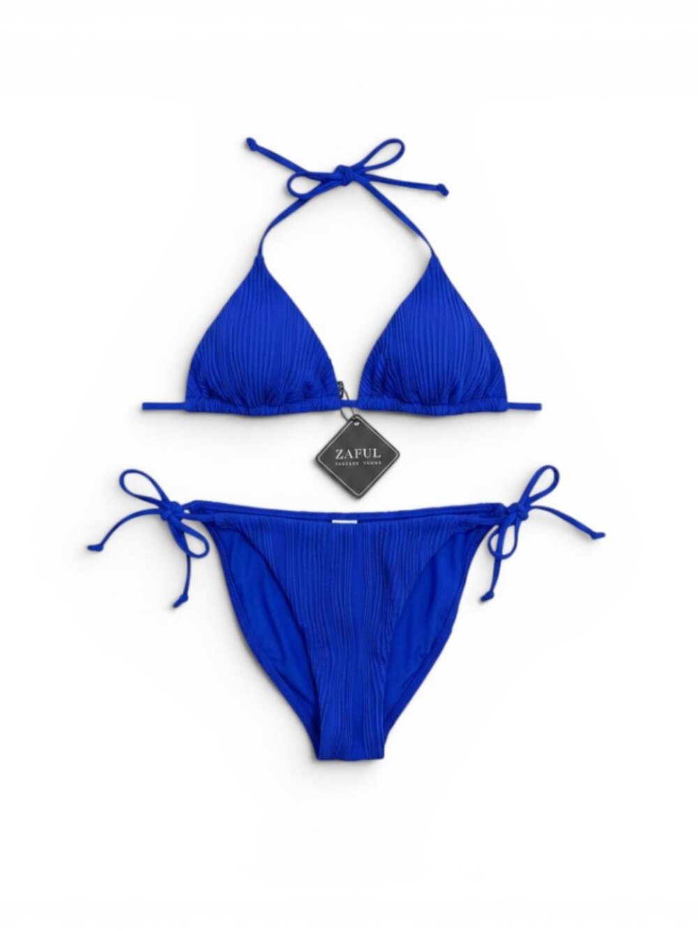Zaful Royal Blue Ribbed Triangle String Bikini